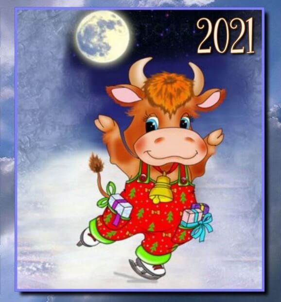 Милая нарисованная открытка на Новый год 2021 с быком